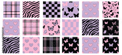 Pink black seamless pattern set zebra plaid butterfly heart print