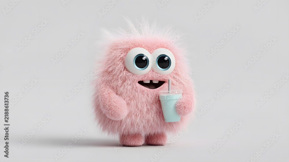Obraz premium Adorable Pink Fluffy Monster Character Drinking from a Cup on a Plain Background