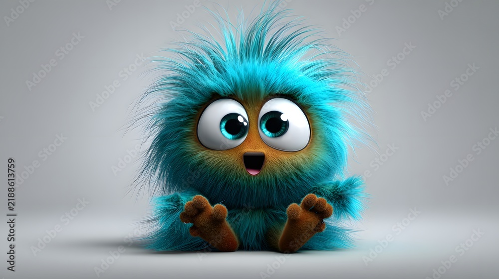 Obraz premium Colorful Fluffy Cartoon Monster Character with Big Eyes Sitting on White Surface