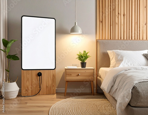 Digital signage screen mockup in a modern hotel bedroom
