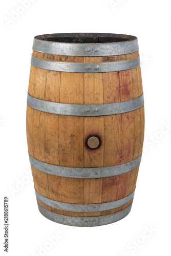 Fotografie Traditional wooden wine barrel with metal hoops and a bung hole, isolated on a c