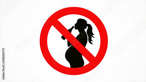 A warning sign icon prohibiting alcohol consumption during pregnancy, featuring a pregnant woman silhouette with a bottle inside a red circle