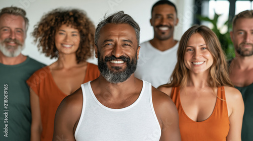 A breathtaking and highly detailed view of inclusive yoga class celebrating wellness and accessibility, diverse participants smiling after practice, bright contemporary studio, natural daylight,
