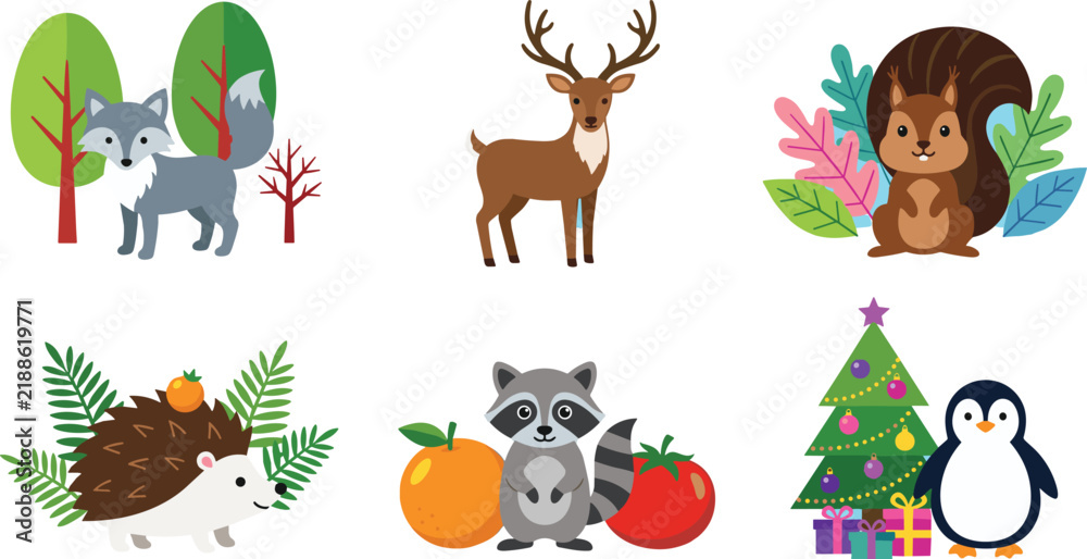 Fototapeta premium Cute Woodland and Winter Animal Collection Featuring Flat Cartoon Wolf Deer Squirrel Hedgehog Raccoon and Christmas Penguin with Gifts Vector Graphic Elements