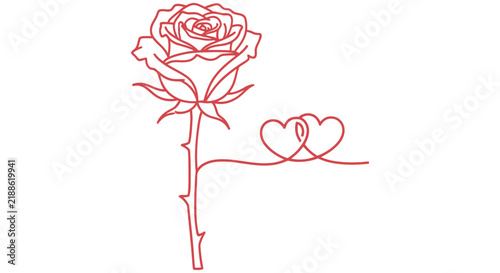 Картината върху платно Red line art rose with entwined hearts on a white background
