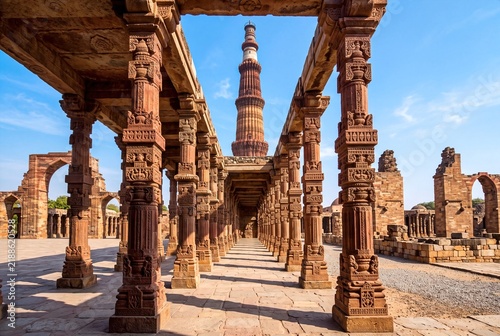 Ancient Islamic Ruins and Carved Pillars Framing Qutub Minar Minaret under Blue Sky in Delhi