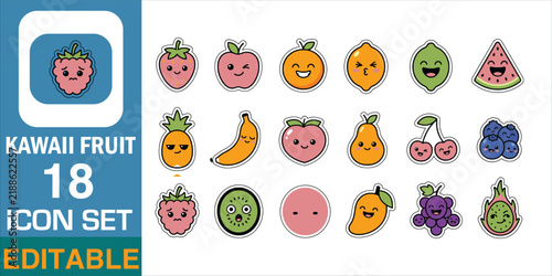 Set of cute kawaii fruit icons with happy smiling faces