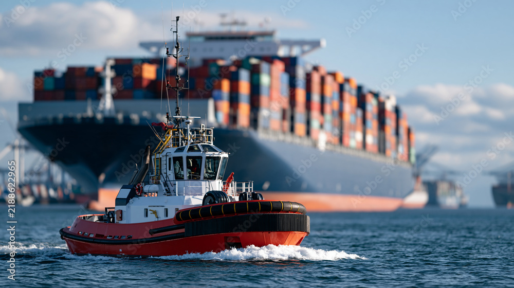 Fototapeta premium Modern unbranded tugboat guiding a large cargo ship into a bright coastal harbor, clear daylight, calm water, maritime transport, port operations