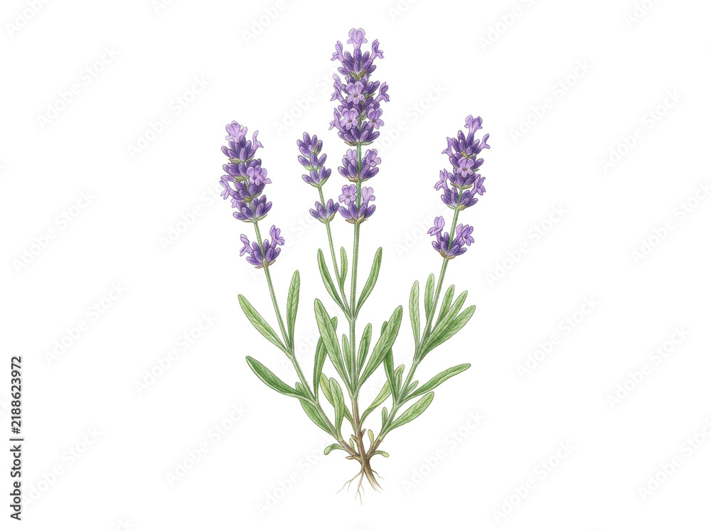 Fototapeta premium Lavender Bloom: A delicate sprig of lavender in full bloom, showcasing its fragrant purple flowers and green leaves, presented as a beautiful botanical illustration.