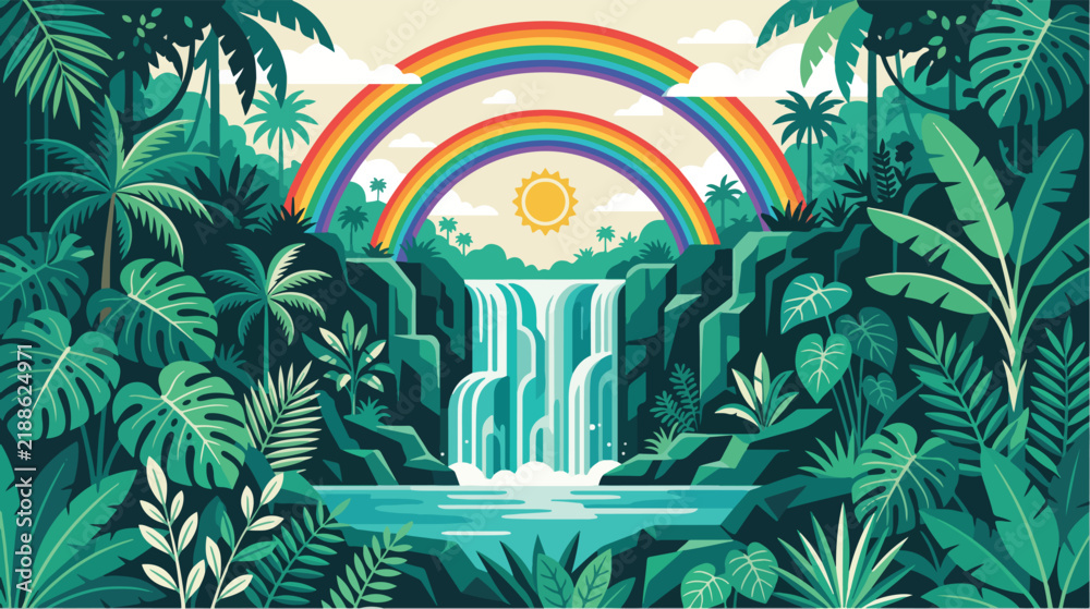 Obraz premium Tropical jungle waterfall illustration featuring a vibrant double rainbow over lush green exotic forest foliage plants