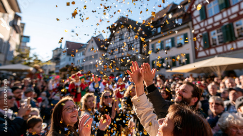 wide view of a lively crowd watching a Fasnacht carnival parade with confetti raining down, colorful masked performers passing by, historic European town square, daytime festive en