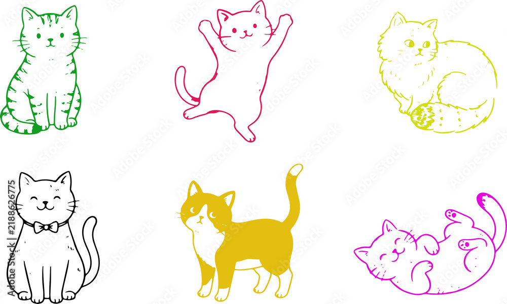 Fototapeta premium Set of cute hand drawn cat illustrations in various poses and colors.