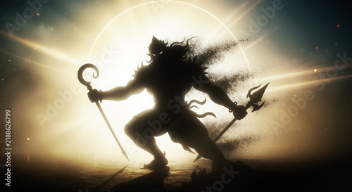 Silhouette of mythological warrior holding staff and spear against glowing light