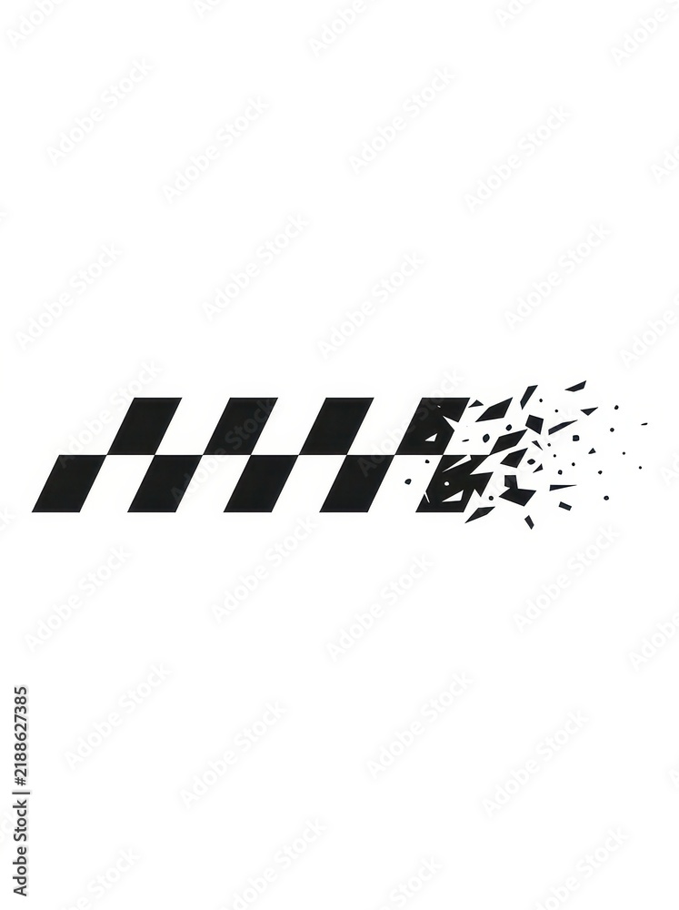 Obraz premium Abstract Shattered Racing Flag Graphic Design with Exploding Checkered Pattern on White Background for Speed and Motion