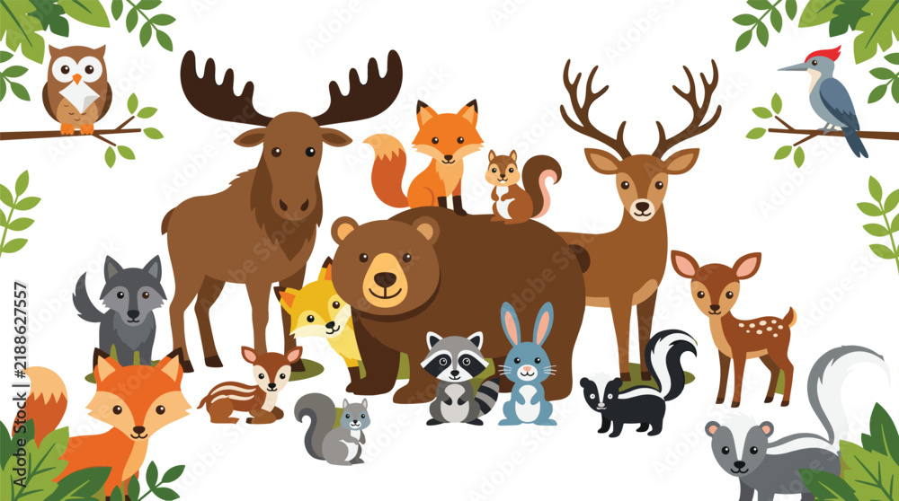 Obraz premium Cute Woodland Forest Animal Collection Featuring Cartoon Bear Moose Deer Fox Wolf Owl and Raccoon Characters for Kids Nursery Holiday Vector Illustration