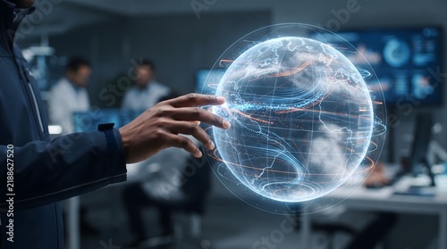 Obraz na płótnie Hands interacting with a glowing digital brain representing artificial intelligence and technology