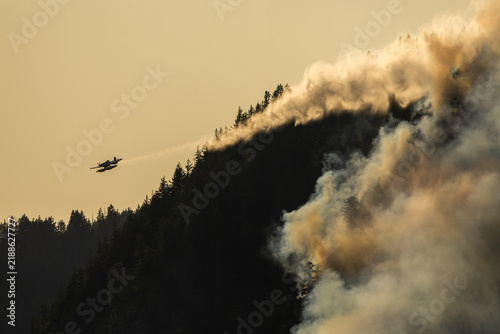 Airplane drops water on a wildfire from above.