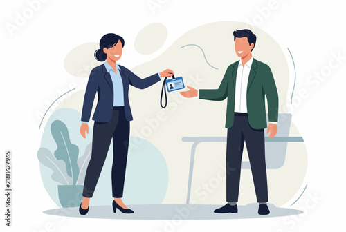 Business Woman Handing ID Badge to New Employee for Project Handover