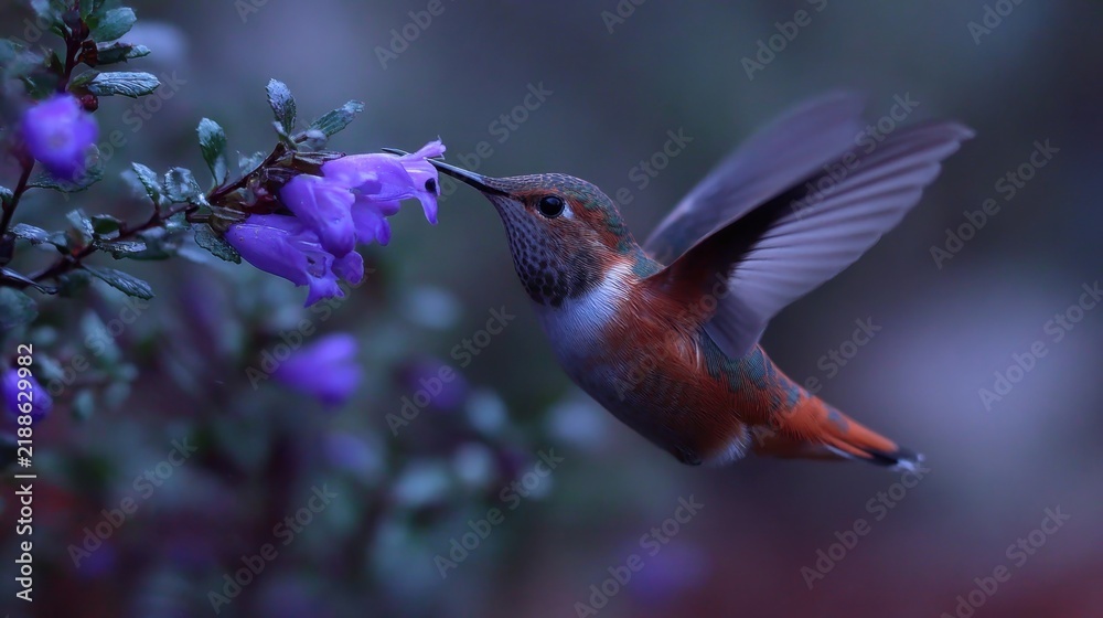 Obraz premium Iridescent Calliope Hummingbird Sips Nectar from Delicate Purple Flower in Natural Setting
