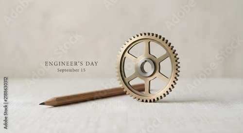 Minimalist Engineer's Day concept with a single gear wheel and wooden pencil