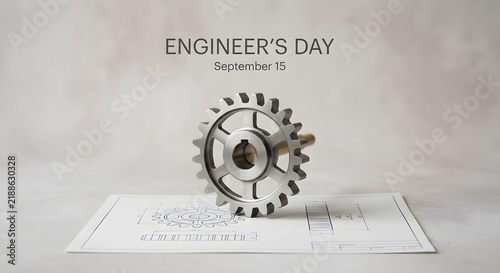 Engineer's Day concept showing a steel gear wheel resting on technical blueprint drawings