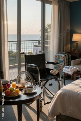A serene hotel room with a breakfast setup and ocean view features a black manual wheelchair near a round wooden table.