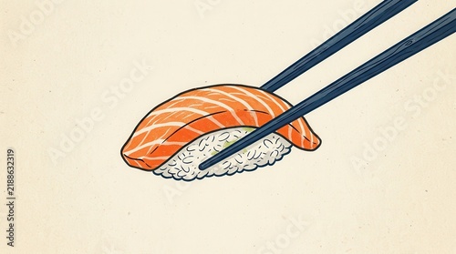 Minimalist Illustration of Salmon Nigiri Sushi with Chopsticks on a Textured Background for Japanese Cuisine Design