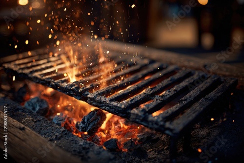 Sparks fly over glowing grill grate