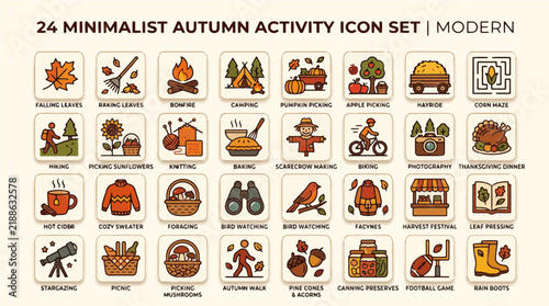 Minimalist Autumn Activity Icon Set - Modern Flat Fall Season Vector Bundle
