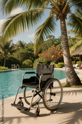 A standard medical wheelchair sits serenely beside a tropical resort pool with lush greenery and vibrant flowers.