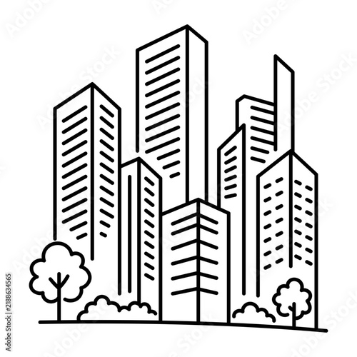 Foto Hand-drawn doodle of a group of tall office towers with varied rooflines and rows of windows, surrounded by small trees