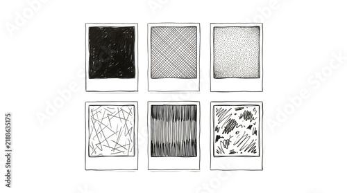 Hand drawn black and white photo frames, set of six sketchy ink illustration borders, artistic retro paper picture outlines for scrapbooking isolated on transparent background