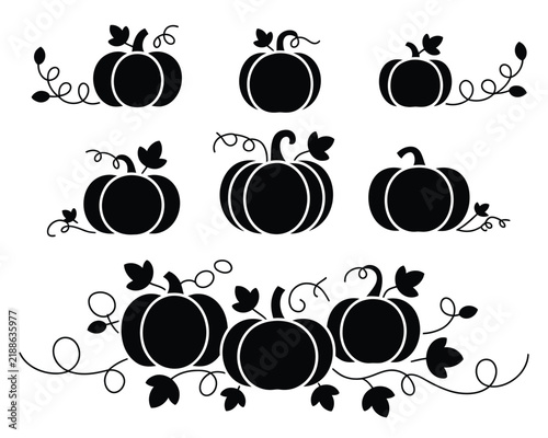Black and white halloween collection of pumpkin silhouettes with curly vines and leaves in rows pumpkins