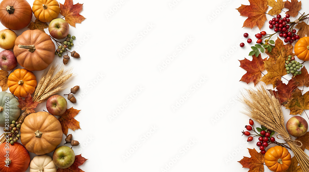 Fototapeta premium Autumn harvest border with pumpkins colorful leaves wheat berries and fall decorations
