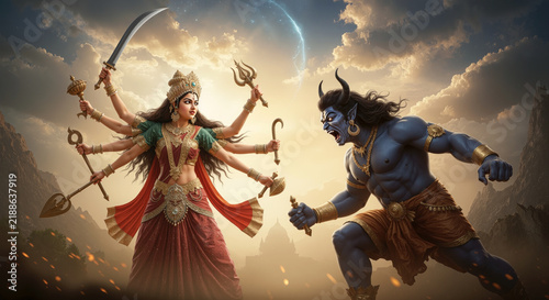 Goddess Durga fighting demon Mahishasura in dramatic mythological battle