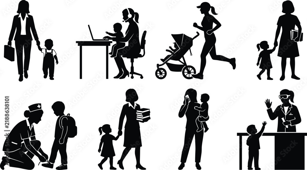 Fototapeta premium Working Mom Silhouettes Vector Set of Motherhood Career Balance Parenting Childcare and Multitasking Women