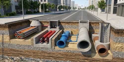 Detailed 3D cutaway visualization of underground water pipes, electrical cables