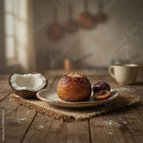 Rustic Baked Apple with Coconut and Plum Dessert on Wooden Table