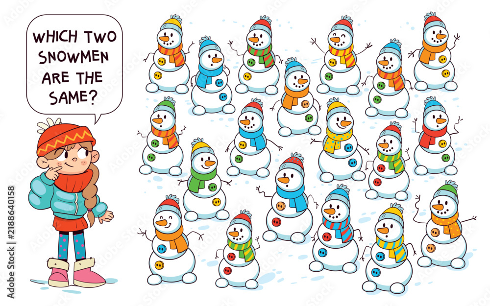 Fototapeta premium Find the Matching. Winter-themed puzzle for kids: find the two identical snowmen among many. Great for developing attention, visual perception, and matching skills through playful observation.
