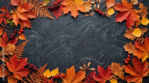 Autumn Leaves Frame on Dark Stone Texture Background