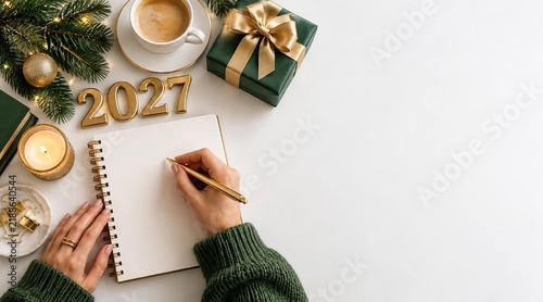 Woman Writing Goals in Notebook for 2027 Business Planning at Home