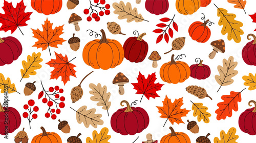 Seamless pattern with autumn pumpkins leaves mushrooms and acorns for fall season decor Vector
