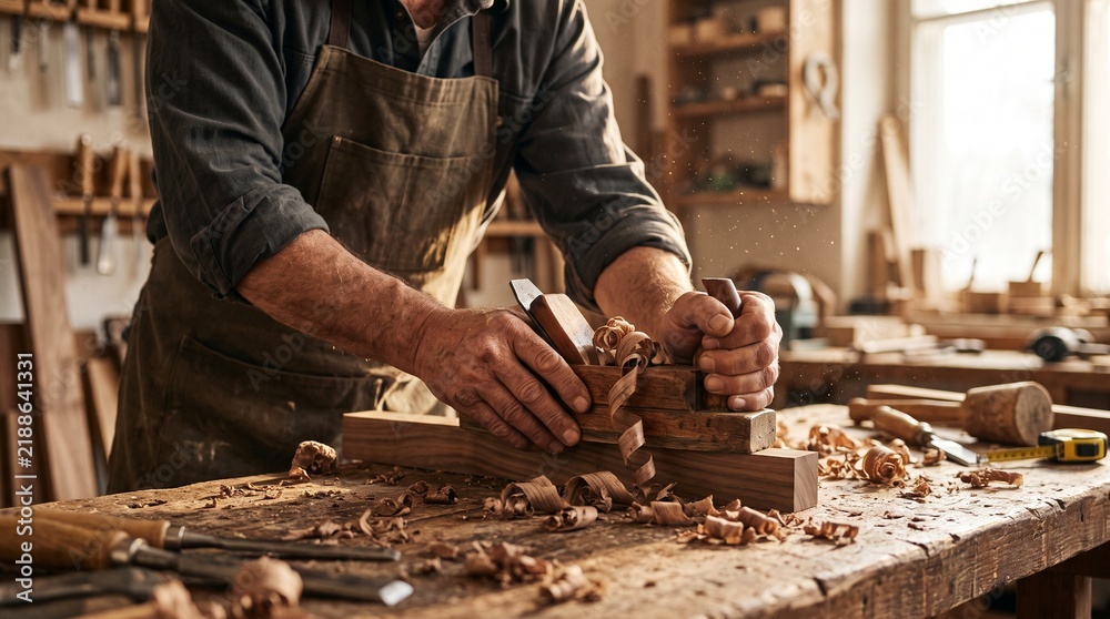 Obraz premium Craftsman woodworker in leather apron planing wood plank with hand plane tool in workshop, international men's day artisanal skills concept
