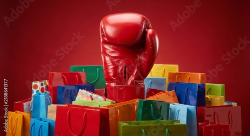 Creative Boxing Day sale concept featuring a large red boxing glove surrounded by a massive pile of colorful paper shopping bags against a red background, holiday retail competition and knockout deals