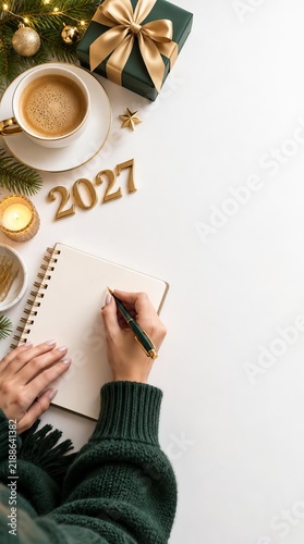 Woman Writing Goals in Notebook for 2027 Business Planning at Home