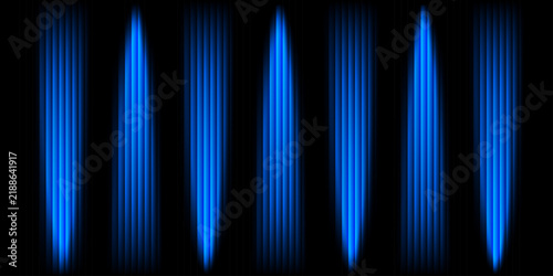Blue vertical beams glow against a pitch-black background. Light pulses create a sense of depth and motion. Ideal for digital displays, sci-fi visuals, or tech interfaces