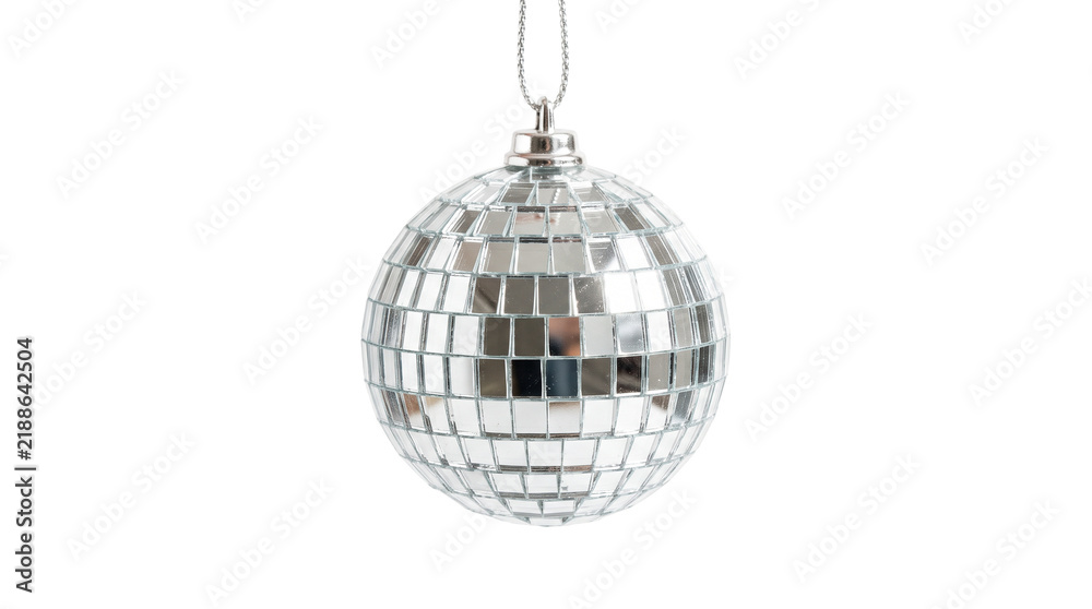 Fototapeta premium A classic disco ball ornament with mirrored squares hanging from a silver chain against a white background