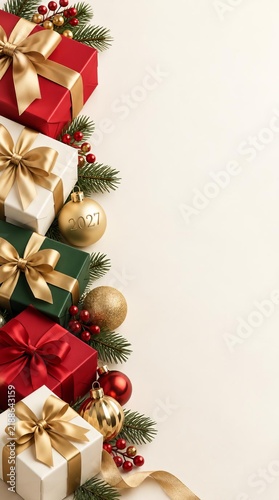 Luxury Gift Boxes with Gold Bow on a Minimalist Christmas Desk