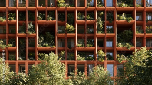 Modern sustainable apartment building facade with vertical garden and greenery