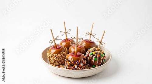 Assortment of six caramel apples decorated with nuts sprinkles and candy on sticks in a bowl